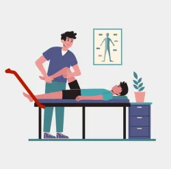 A colorful illustration depicts a chiropractor performing an adjustment on a patient. The chiropractor, dressed in a blue shirt, is lifting the patient's leg with one hand while supporting the knee with the other. The patient lies on a treatment table, wearing a teal shirt and black shorts. In the background, there is a framed diagram of a human body on the wall and a potted plant on a blue cabinet, suggesting a clinical setting.